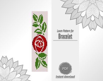 White Bead Bracelet with Red Rose Pattern, Seed Bead Loom Chart PDF