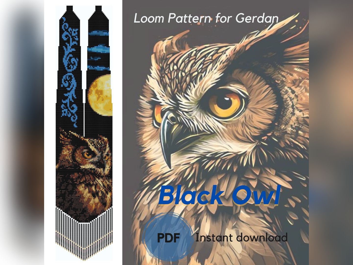 Black Owl Necklace Beaded Pattern PDF Pattern Beaded Gerdan Owl