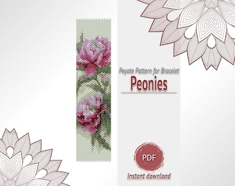May include: A rectangular peyote pattern for a bracelet featuring pink peony flowers on a light green background. The text reads Peyote Pattern for Bracelet Peonies, PDF, and Instant download, accompanied by two decorative mandala designs.