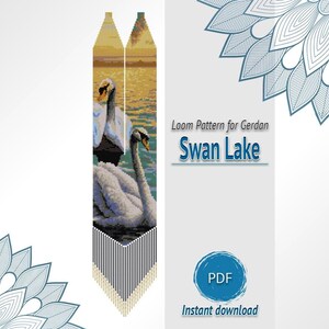 May include: A digital loom pattern for a gerdan necklace titled Swan Lake, featuring two white swans on a golden water background, with a beaded fringe design at the bottom, a blue PDF icon, and decorative mandala-style graphics in the corners.