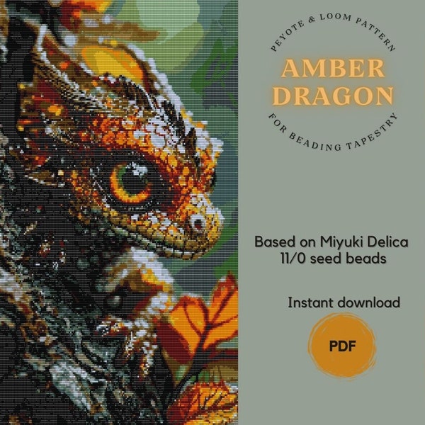 Amber Dragon beading tapestry pattern based on Miyuki Delica seed beads, Loom & peyote pattern, Home decor tapestry, PDF instant download