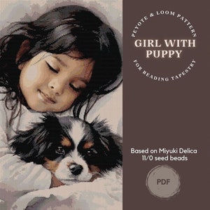 Girl with Puppy Bead Tapestry Pattern, Child and Dog Beading Design, PDF Loom & Peyote Chart, Seed Beads Delica 11/0