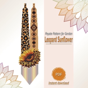 May include: A digital PDF pattern for a beaded gerdan necklace featuring a leopard print design and a geometric pattern, accented by a large sunflower graphic at the base with a fringe of vertical lines. The text reads Peyote Pattern for Gerdan Leopard Sunflower.