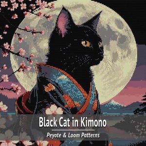 Black Cat in Kimono Bead Tapestry PDF, Sakura Moon Scene, Loom & Peyote Chart