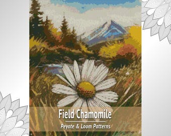 Daisy Mountain Bead Tapestry Pattern, 2 in 1 Loom Peyote Chart, Chamomile Landscape PDF