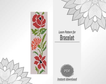 Red Floral Bead Bracelet Pattern, Botanical Seed Bead Loom Chart PDF