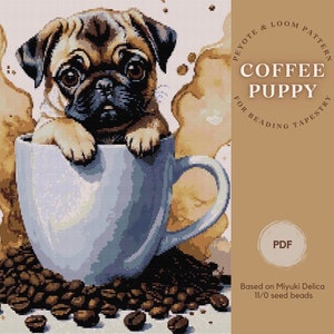 Coffee Puppy beading tapestry pattern based on Miyuki Delica 11/0 beads, Loom & peyote pattern, Home decor tapestry, PDF instant download
