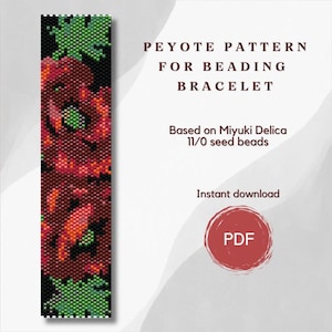 Beaded Poppies bracelet pattern, PDF beading peyote pattern based on Miyuki Delica seed beads, Bead weaving pattern, Art jewelry pattern
