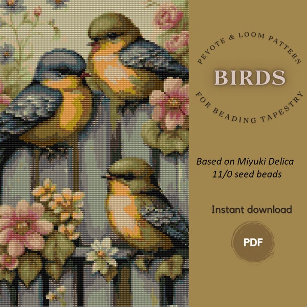 Birds beading tapestry pattern based on Miyuki Delica 11/0 seed beads, Loom & peyote pattern, Home decor tapestry, PDF instant download