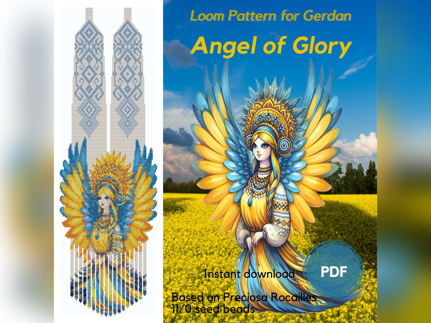 Angel of Glory beaded necklace pattern, PDF beading loom pattern based on Preciosa Rocailles beads, Traditional Ukrainian gerdan necklace