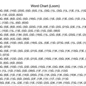 May include: A word chart for a loom with rows of letters and numbers. The chart is labeled "Word Chart (Loom)".