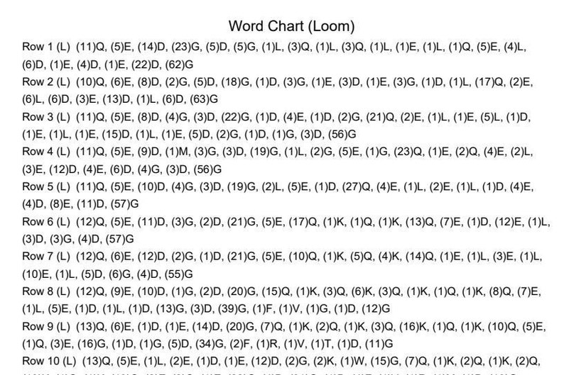 May include: A word chart for a loom with rows of letters and numbers. The chart is labeled "Word Chart (Loom)".