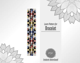 Folk Geometric Bead Bracelet Pattern, White Black Seed Bead Loom Chart PDF