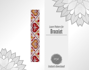 White Red Floral Ornament Bead Bracelet Pattern, Seed Bead Loom Chart PDF