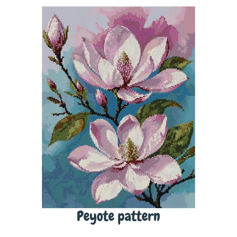 May include: A beaded peyote stitch pattern featuring two pink magnolia flowers with green leaves on a blue background. The text "Peyote pattern" is at the bottom of the image.