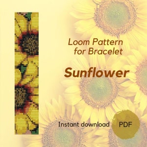 Sunflower beaded bracelet pattern, PDF beading loom pattern based on Preciosa Rocailles 11/0 seed beads, Bead weaving pattern