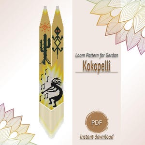 May include: A loom pattern for a gerdan necklace featuring a Kokopelli figure playing a flute, a cactus, and a sun icon. The design uses a yellow and black color palette with a beaded fringe at the bottom. Text reads: Loom Pattern for Gerdan Kokopelli.
