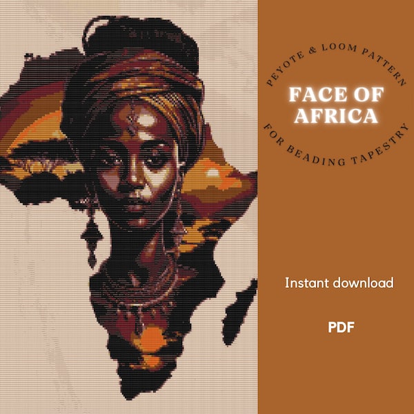 Face of Africa beading tapestry pattern based on Preciosa Rocailles seed beads, African Woman loom and peyote pattern, Home decor tapestry