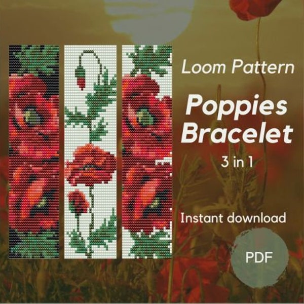 Beaded poppies bracelet pattern, PDF beading loom pattern, Bead weaving pattern 3 in 1