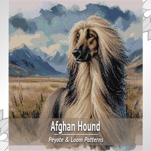 Tapisserie perlée PDF représentant un lévrier afghan, motif paysage sur métier à tisser et diagramme Peyote
