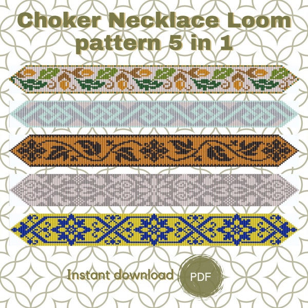 Beaded Choker Necklace pattern, PDF beading loom pattern based on Preciosa Rocailles seed beads, Bead weaving pattern 5 in 1