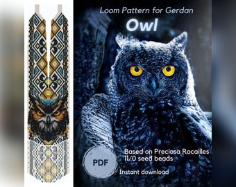 Owl with embroidery gerdan necklace pattern, PDF beading loom pattern based on Preciosa Rocailles seed beads, Ukrainian beadwork jewelry