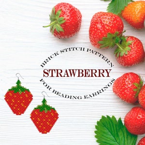 May include: A brick stitch pattern for beading earrings, featuring a red strawberry design. The pattern is based on Miyuki Delica Beads #11.