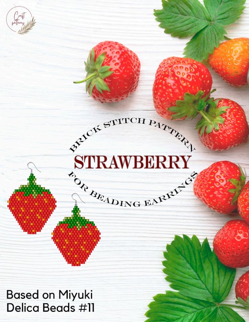 May include: A brick stitch pattern for beading earrings, featuring a red strawberry design. The pattern is based on Miyuki Delica Beads #11.