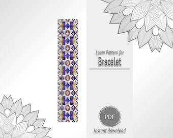 White Blue Bead Bracelet Ornament Pattern, Geometric Seed Bead Loom Chart PDF