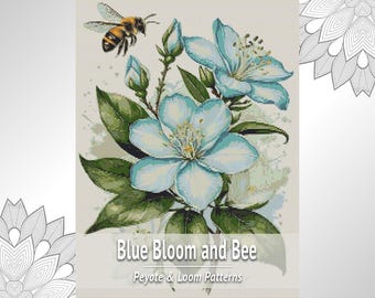 Blue Flower Bead Tapestry, Bee Pattern PDF, 2 in 1 Peyote & Loom Chart