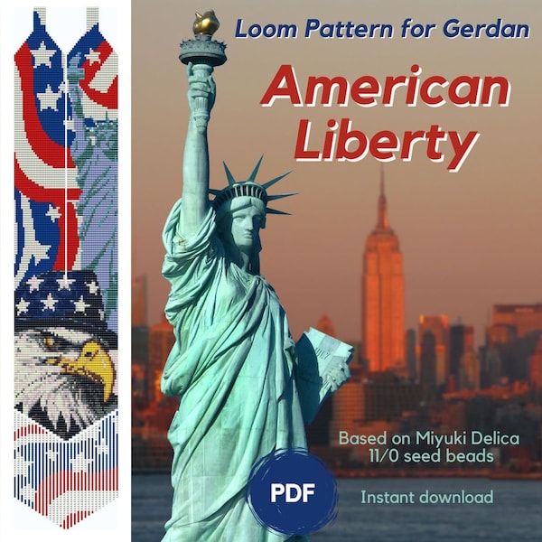 Modèle de collier American Liberty Eagle, modèle PDF sur métier à tisser basé sur des perles de rocaille Miyuki Delica 11/0, modèle de bijoux américain perlé