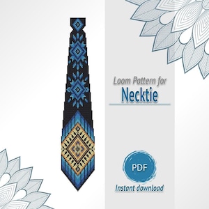 Puede incluir: Un patrón de telar para corbata con un diseño geométrico en tonos negro, azul y beige. El gráfico incluye el texto "Loom Pattern for Necktie" y un icono circular azul etiquetado como "PDF" con el texto "Instant download".