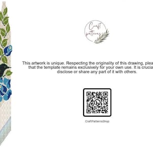 May include: A vertical craft pattern featuring a hummingbird, blue flowers, and green leaves on a beige background. Text reads: This artwork is unique. Respecting the originality of this drawing, please ensure that the template remains exclusively for your own use. It is crucial not to disclose or share any part of it with others. Includes a QR code and CraftPatternsShop text.