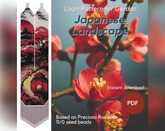 Japanese Landscape beaded necklace pattern, PDF beading loom pattern for Preciosa Rocailles beads, Traditional Ukrainian gerdan necklace