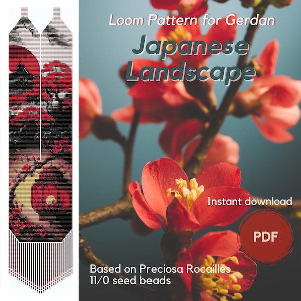 Japanese Landscape beaded necklace pattern, PDF beading loom pattern for Preciosa Rocailles beads, Traditional Ukrainian gerdan necklace