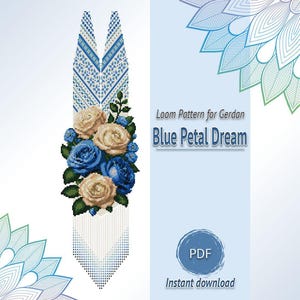 Padrão em PDF Blue Rose Gerdan, Colar Floral de Miçangas para Tear