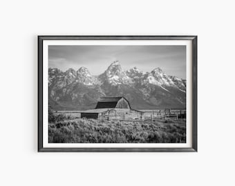 Mormon Row Black and White Print / Canvas – Grand Tetons Jackson Hole Wyoming Photography – Rustic Western Landscape Wall Art