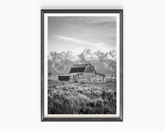 Mormon Row Black and White Print / Canvas – Grand Tetons Jackson Hole Wyoming Photography – Rustic Western Landscape Wall Art