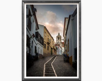 Algarve Portugal Print / Canvas, Cobblestone Street, Coastal Town Architecture