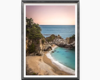 Fotografía de las cataratas McWay, puesta de sol, Big Sur, California, cascada, océano Pacífico, paisaje costero, paisaje, naturaleza, acantilados rocosos, fotografía