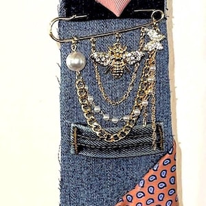 Upcycled Denim Tie Necklace with Multicolor Crystal Brooch (beads not included. Upcycle Denim Necktie Necklace - Etsy main image 3