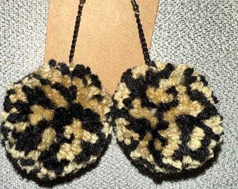 Black and Gold Pom Pom Pierced Earrings with Chain