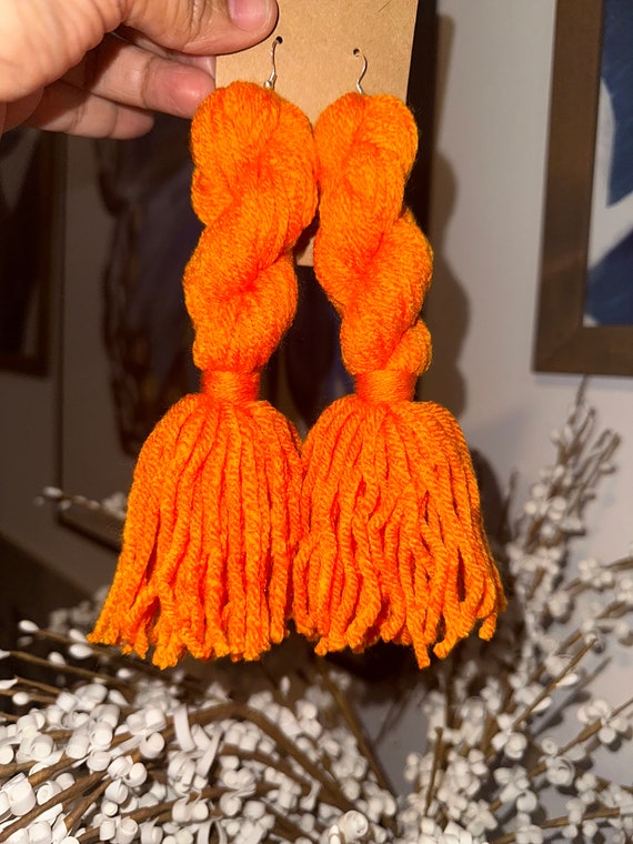 Tassel Earrings Wool Earrings Design Orange Twisted Knot Yarn
