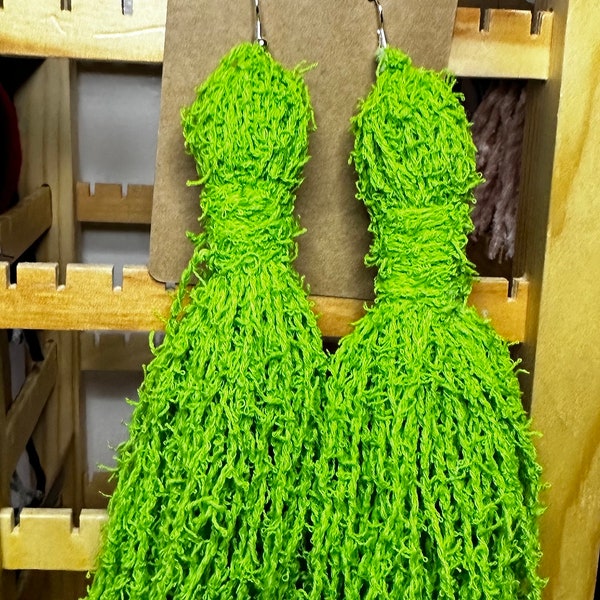Lime Green Scrubby Yarn Tassel Earrings!