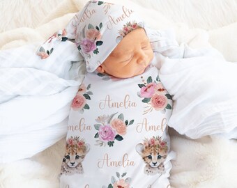Personalized Baby Leopard Floral Name Swaddle Set, Custom Name Blanket Newborn Floral Nursery Crib Sheet, Girl Baby Shower Custom Gift,ACPV3
