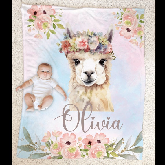 Personalized Baby Blanket With Name - Custom Alpaca Print Throw For Newborn Girls, Baptism Gift (30x40 Inches) - View #3