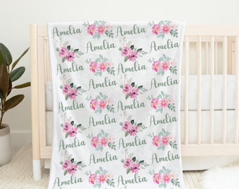 Personalized Dusty Pink Rose Baby Name Blanket, Custom Name Blanket Newborn Violet Rose Baby Shower Custom Gift, Toddler Birthday Gift FCPV2