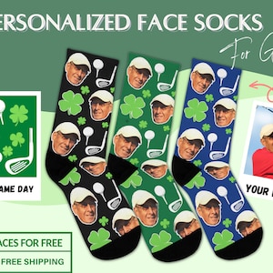 Lucky Game Day socks for golfers, golf custom face socks, funny personalized golf gift for dad, golf tournament team socks customize logo