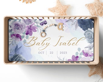 Personalized Purple Rose Baby Name Crib Sheet With Birthday for Floral Nursery,  Custom Rose Floral Baby Shower Gift Name Blanket,FCH2