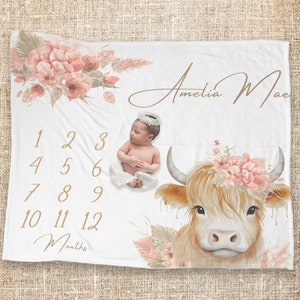 Personalized Highland Cow Baby Milestone Blanket, Monthly baby photo Growth Track Blanket Cow Western Cowgirl Baby Shower Custom Gift, ACMH4